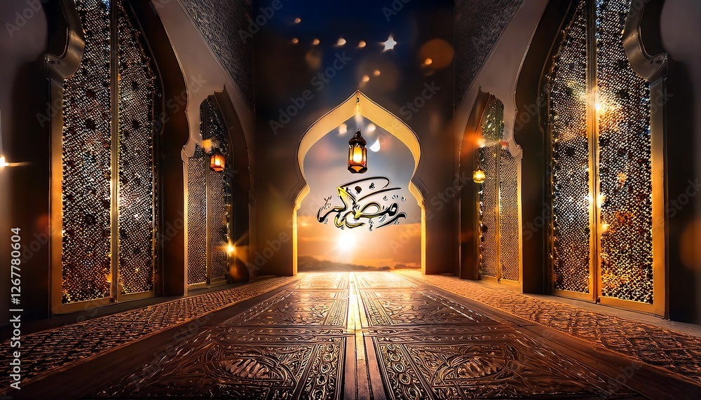 Fototapeta premium Elegant Ramadan Kareem Islamic Backgrounds with Lanterns, Crescent Moons, Mosques, and Ornate Gold Patterns - Perfect for Holy Month Festivities, Spiritual Designs, and Stock Photography