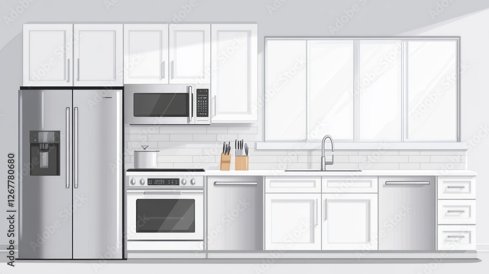 Fototapeta premium Modern white kitchen interior, sunlight, appliances, clean design, for design inspiration