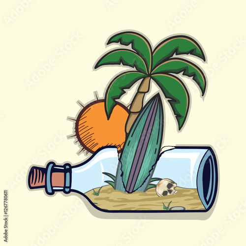Summer surfing boad Under botttle illustration design