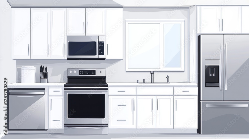 Fototapeta premium Modern white kitchen interior design, clean minimalist style, illustration