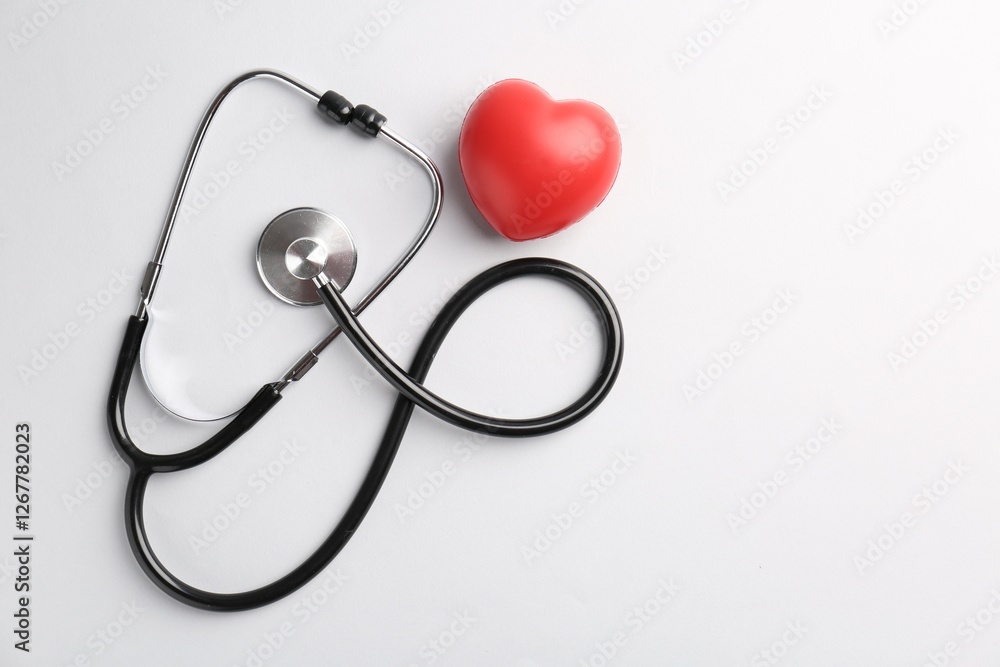 Cardiology. Stethoscope and red decorative heart on white background, flat lay. Space for text Cardiology. Stethoscope and red decorative heart on white background, flat lay. Space for text