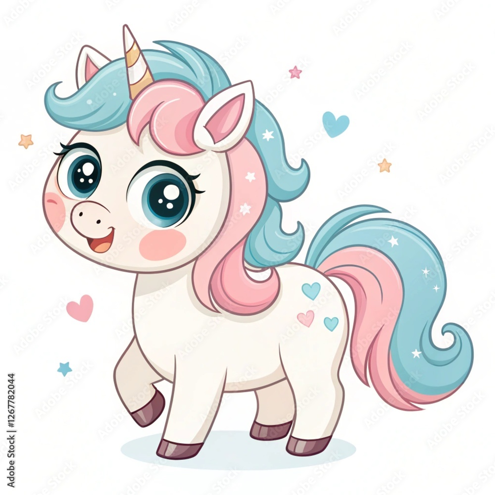 Fototapeta premium Cute pastel unicorn, whimsical stars, hearts; digital illustration, children's book
