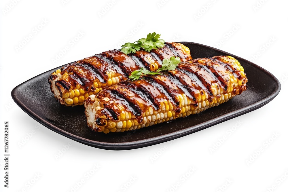Grilled Sweet Corn on the Cob - Delicious grilled sweet corn on the cob, glazed with a savory sauce, garnished with fresh herbs. Symbolizing summer, barbecue, healthy eating, deliciousness Grilled Sweet Corn on the Cob - Delicious grilled sweet corn on the cob, glazed with a savory sauce, garnished with fresh herbs. Symbolizing summer, barbecue, healthy eating, deliciousness
