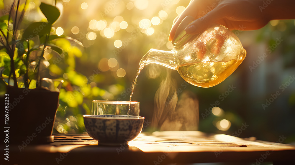 Fototapeta premium Hand Pouring Tea into Glass Cup with Nature Background