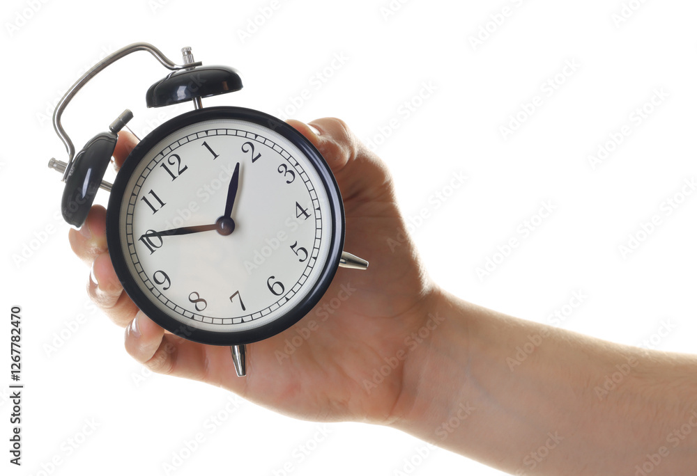 Man with black alarm clock on white background, closeup Man with black alarm clock on white background, closeup