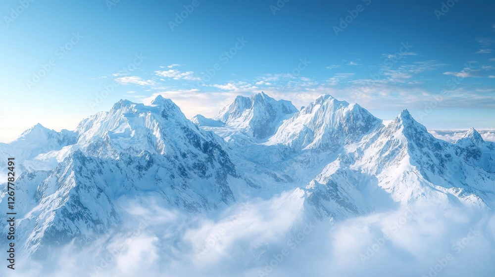 Majestic Snow-Covered Mountain Range Under Blue Sky: A Scenic Winter Adventure in Breathtaking Natural Beauty Majestic Snow-Covered Mountain Range Under Blue Sky: A Scenic Winter Adventure in Breathtaking Natural Beauty