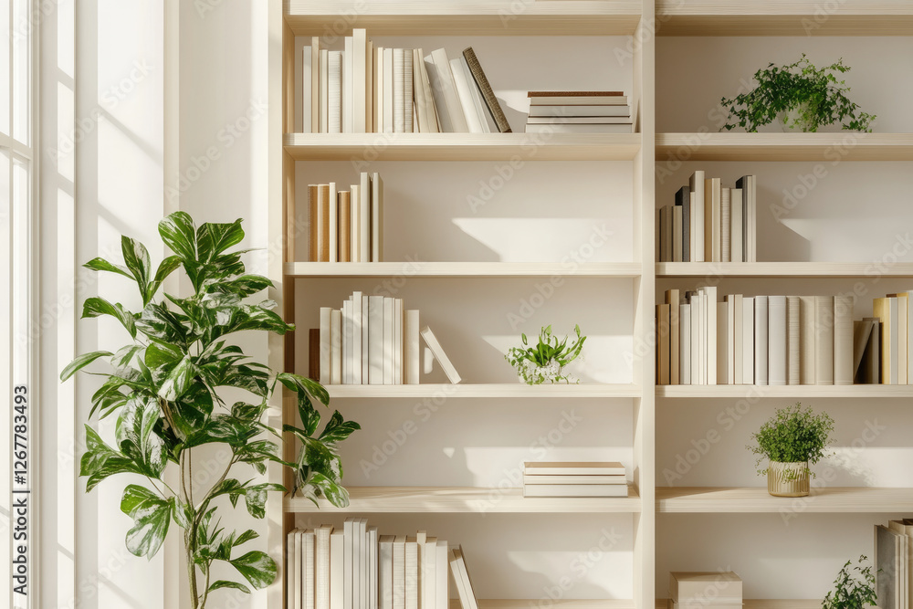 Fototapeta premium A modern bookshelf filled with books and plants, creating a serene reading space.