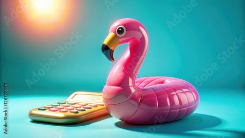 The Cost of Summer Fun A Pink Inflatable Flamingo and Golden Calculator on a Turquoise Background