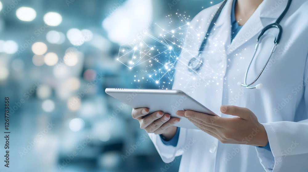 A Doctor Holding an iPad with Holographic Data Visualizations, Medical Technology Concept
A Doctor Holding an iPad with Holographic Data Visualizations, Medical Technology Concept