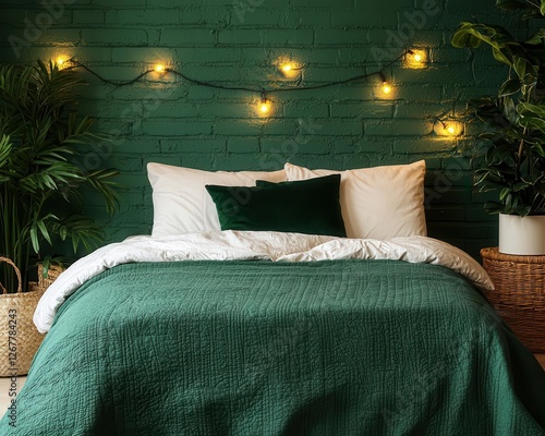 Cozy enchanted forestthemed bedroom with soft glowing fairy lights and deep green decor photo