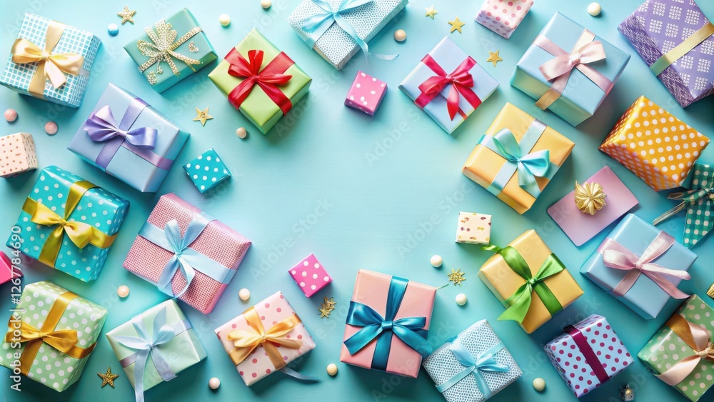 A Festive Spread of Wrapped Gifts with Vibrant Ribbons and Festive Decorations on a Bright Blue Background A Festive Spread of Wrapped Gifts with Vibrant Ribbons and Festive Decorations on a Bright Blue Background