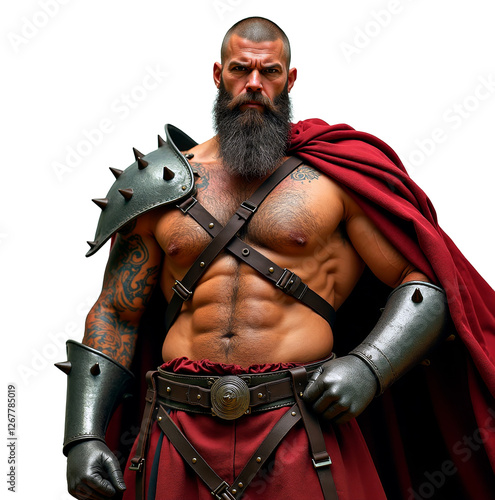 A gladiator with an imposing beard and spiked armor poses confidently, displaying strength and battle attire