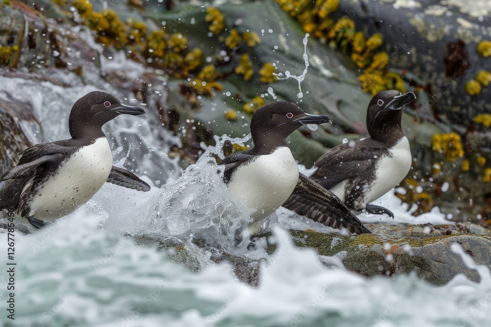 Fototapeta premium Three Great Auks jump over rocky shoreline, emerging from splashing waves in dynamic motion. Ocean water and green seaweed cover rocks, creating energetic, these extinct seabirds in moment agility.
