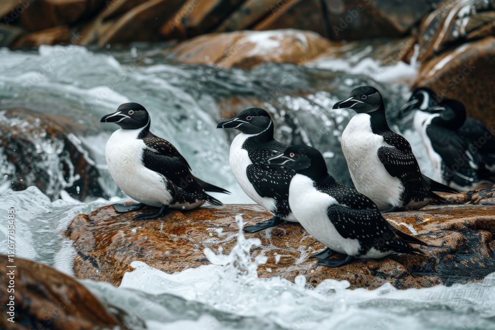 Obraz premium Four Great Auks perched on smooth rock as ocean waves ripple around them, capturing tranquil yet powerful moment with extinct seabirds at rest shore, black white feathers contrast against textured.