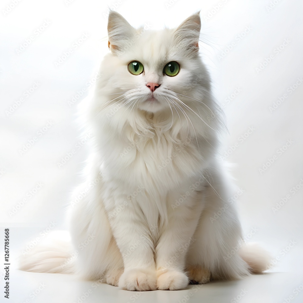 A white fluffy cat sits isolated on white background. A white fluffy cat sits isolated on white background.