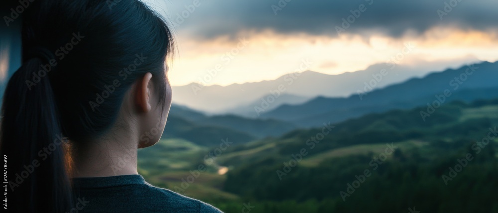 Woman Looking at Mountain Range Landscape View Woman Looking at Mountain Range Landscape View
