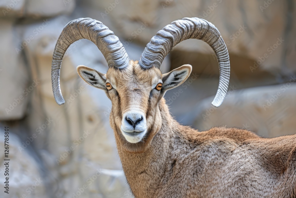 Close-up Pyrenean Ibex with large, rugged horns focused expression, set against natural, rocky background, detailed texture fur and intense gaze capture resilience this extinct mountain species. Close-up Pyrenean Ibex with large, rugged horns focused expression, set against natural, rocky background, detailed texture fur and intense gaze capture resilience this extinct mountain species.