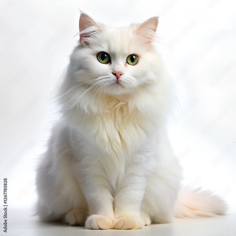 A white fluffy cat sits isolated on white background. A white fluffy cat sits isolated on white background.