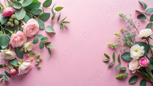 Floral Arrangement with Delicate Pink and White Flowers and Lush Greenery on a Soft Pink Background