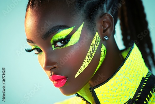 Young woman wearing vibrant fluorescent green, pink makeup, striking dramatic pose against blue studio backdrop