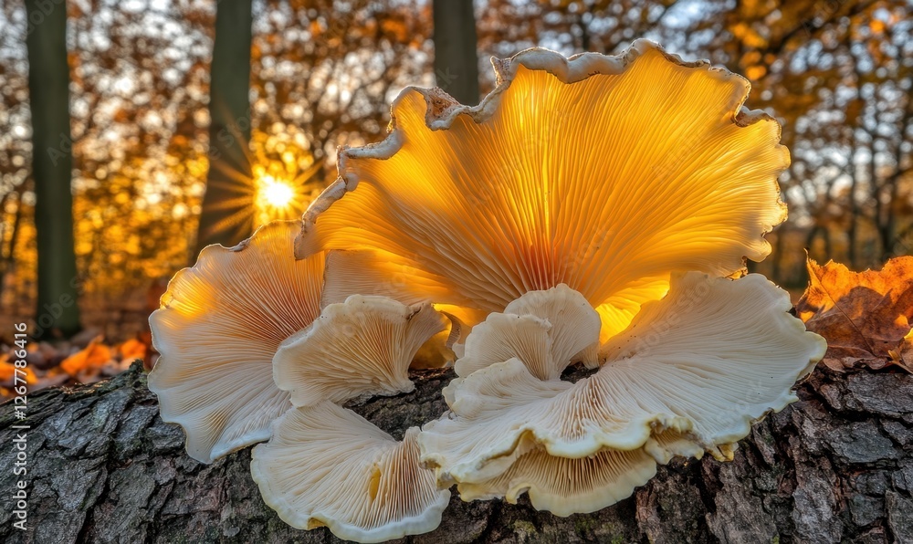 Vibrant mushrooms glowing in the sunset, surrounded by autumn foliage in a serene forest Vibrant mushrooms glowing in the sunset, surrounded by autumn foliage in a serene forest