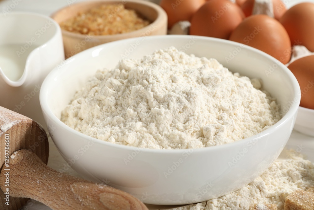 Ingredients for dough and rolling pin on table, closeup Ingredients for dough and rolling pin on table, closeup