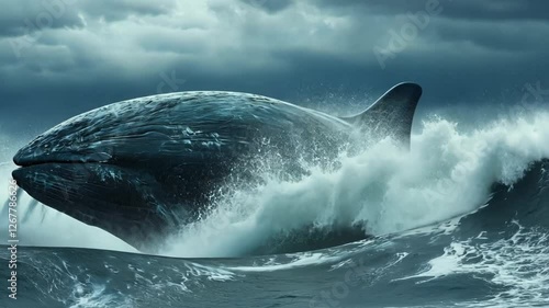 Whales Riding Waves in a Dreamlike Surreal Ocean Landscape