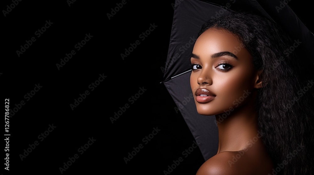 Fototapeta premium A young Black woman with long dark hair poses against a black background. Her beauty is accentuated by the dramatic lighting and simple backdrop.