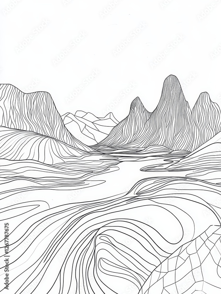 Fototapeta premium Linear Mountain Valley Landscape - Abstract line art drawing of a mountainous valley, featuring flowing lines and a serene atmosphere. Perfect for nature-themed designs