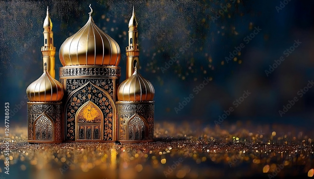 Obraz premium Elegant Ramadan Kareem Islamic Backgrounds with Lanterns, Crescent Moons, Mosques, and Ornate Gold Patterns - Perfect for Holy Month Festivities, Spiritual Designs, and Stock Photography