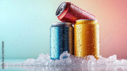 Refreshing beverage display indoor setting beverage colorful cans ice close-up perspective chill concept photo