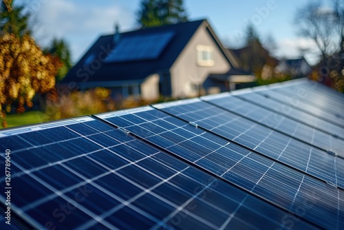 An installed array of solar panels on a house roof demonstrates sustainable energy and environmentally conscious living on a sunny day with a blue sky in the background. photo