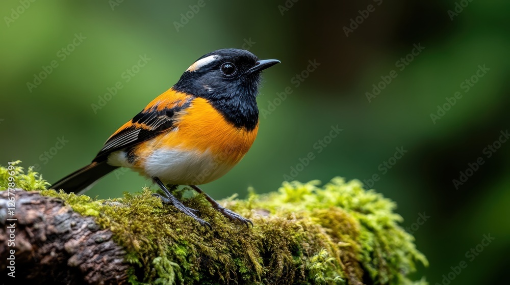 A strikingly beautiful bird with orange and black hues sits elegantly on a moss-covered log, emphasizing the beauty of nature amidst a lush green backdrop with soft focus. A strikingly beautiful bird with orange and black hues sits elegantly on a moss-covered log, emphasizing the beauty of nature amidst a lush green backdrop with soft focus.