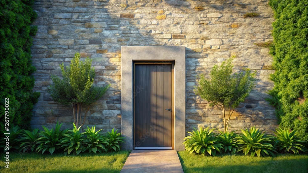 Fototapeta premium A wooden door set within a stone wall, flanked by green foliage, leading to a sunlit path