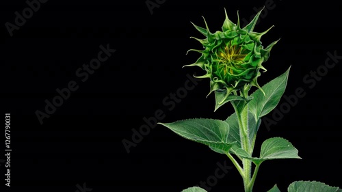Yellow Sunflower Blooming on a Black Background in Timelapse with Alpha Matte Channel. Agriculture Theme for Oil and Food Production. Macro Time Lapse Opening Sunflower Head