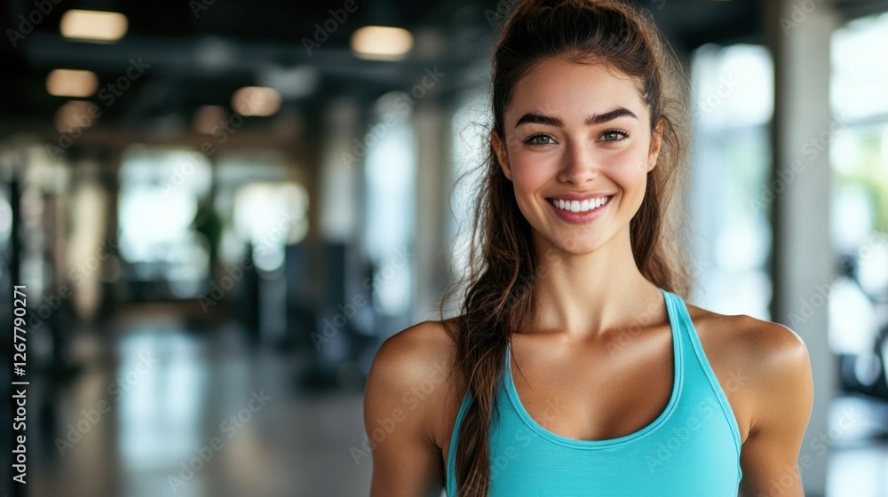 A smiling woman in a vibrant workout outfit stands confidently in a brightly lit gym, surrounded by modern fitness equipment A smiling woman in a vibrant workout outfit stands confidently in a brightly lit gym, surrounded by modern fitness equipment