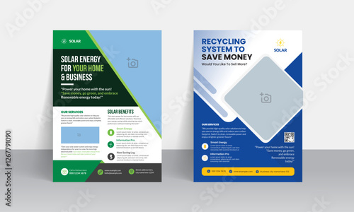 Green energy flyer templates and professional solar panel business poster layout design