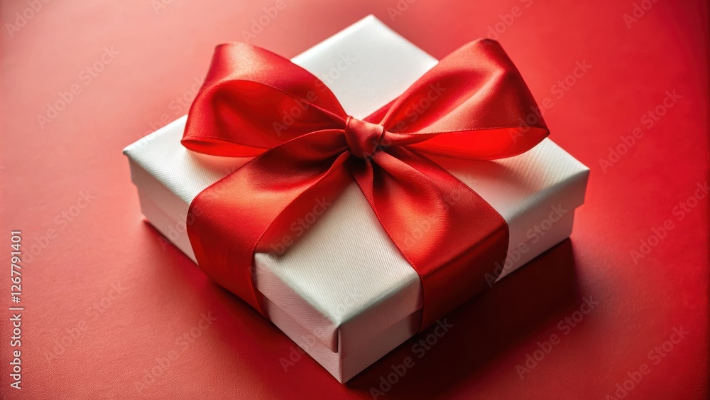 Fototapeta premium A White Gift Box Adorned with a Lush Red Satin Ribbon, Creating a Vibrant Contrast on a Deep Red Background