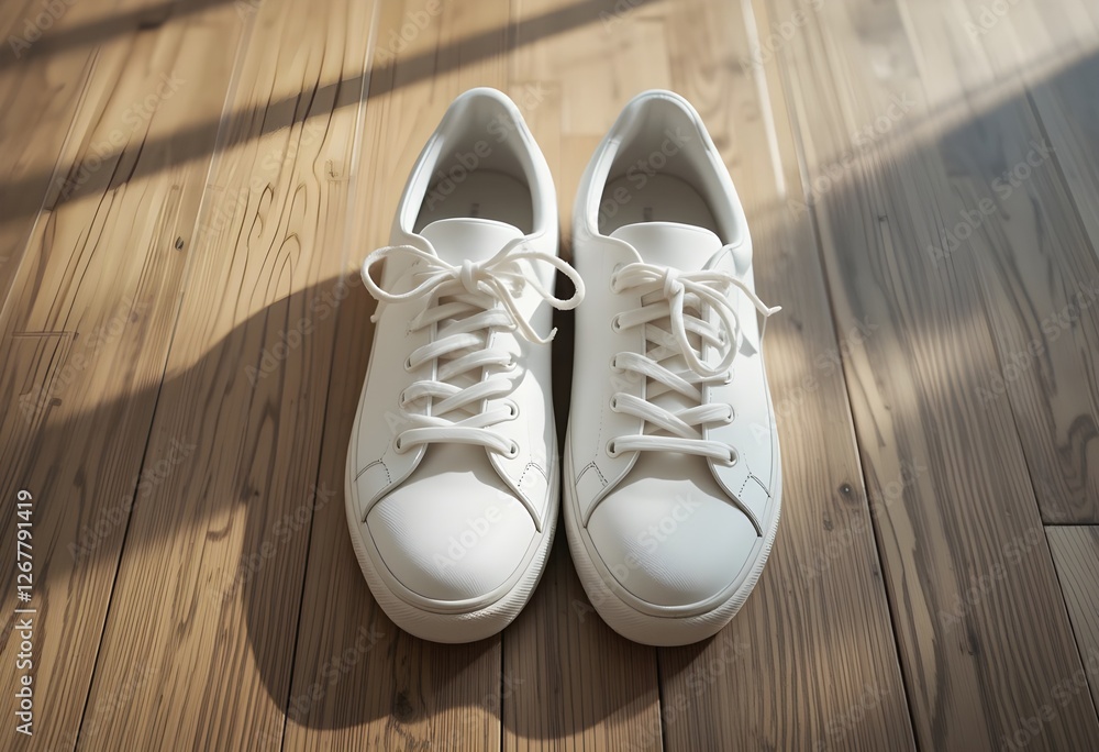 White Sneakers on Wooden Floor White Sneakers on Wooden Floor