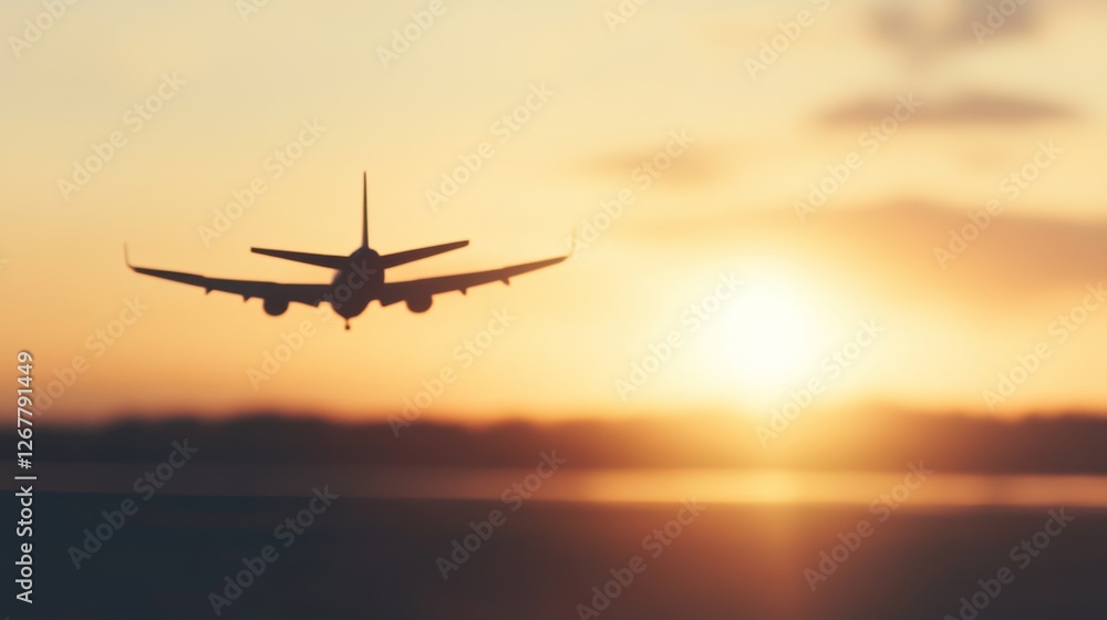 Airplane Landing at Sunset over Runway Airplane Landing at Sunset over Runway