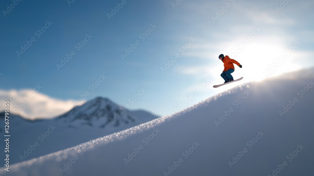 Man Snowboarding in the Mountains on a Sunny Day Man Snowboarding in the Mountains on a Sunny Day