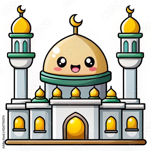 Happy Mosque Cartoon, Islamic Culture, White Background, Illustration, Children's Book