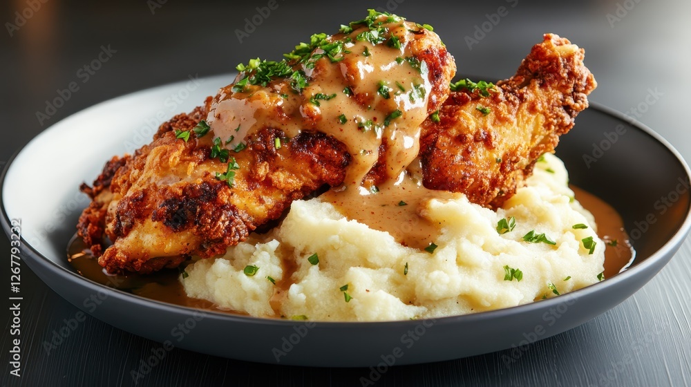 A hearty plate of crispy fried chicken served atop creamy mashed potatoes, generously smothered in rich brown gravy, garnished with fresh herbs for an appealing look. A hearty plate of crispy fried chicken served atop creamy mashed potatoes, generously smothered in rich brown gravy, garnished with fresh herbs for an appealing look.
