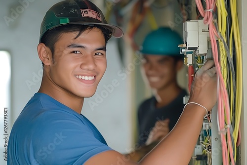 Young electrician students smiling while doing work practices, concept of vocational training