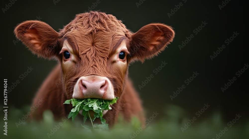 A cute calf calmly chews on fresh green grass, displaying an endearing innocence and connection to nature while embodying the beauty of pastoral life and farming. A cute calf calmly chews on fresh green grass, displaying an endearing innocence and connection to nature while embodying the beauty of pastoral life and farming.