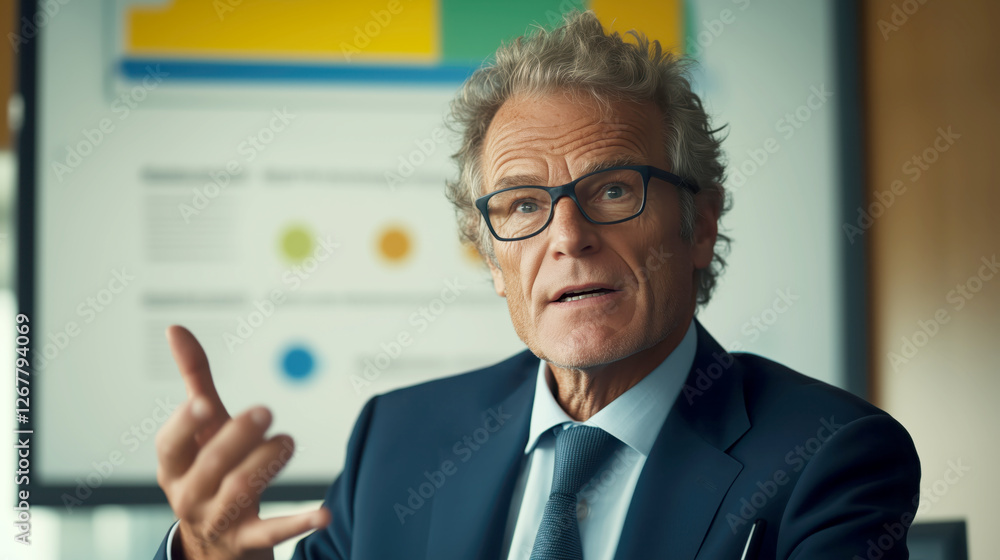 Business Executive Presenting Ideas in Modern Office Setting Business Executive Presenting Ideas in Modern Office Setting