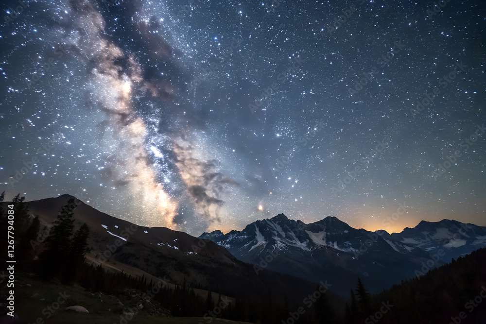 Stunning view of Milky Way galaxy over mountain landscape at night Stunning view of Milky Way galaxy over mountain landscape at night