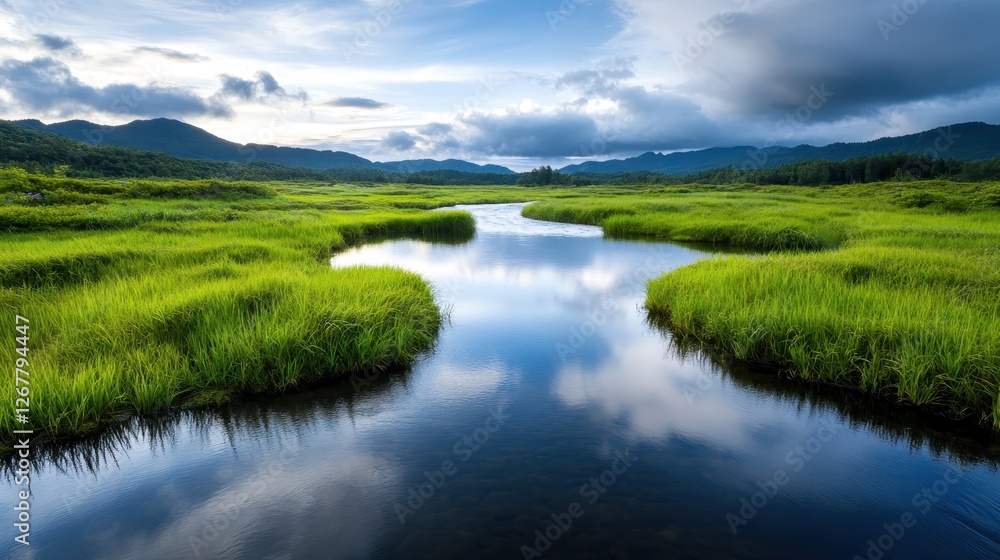 A meandering river winds through lush green tidal areas, offering a mesmerizing view that combines natural beauty with a sense of tranquility and exploration in nature. A meandering river winds through lush green tidal areas, offering a mesmerizing view that combines natural beauty with a sense of tranquility and exploration in nature.
