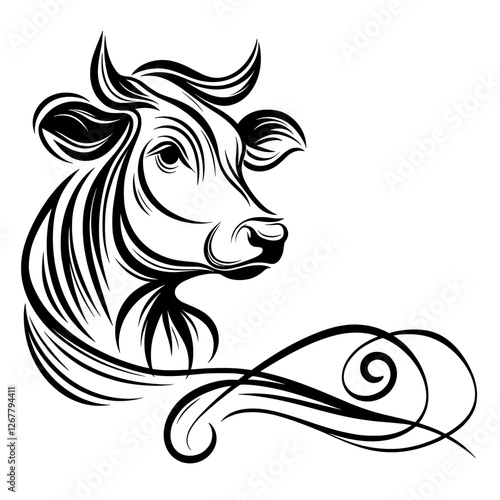 Tribal cow head with flowing lines vector illustration