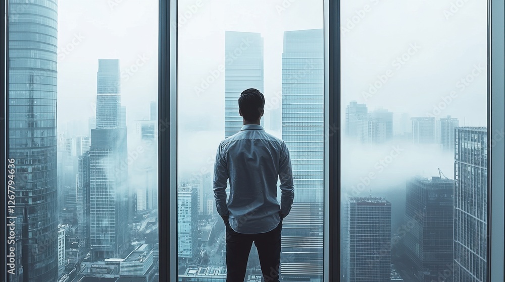 Businessman Contemplating Success: Introspective Silhouette Over a Misty Cityscape from Office Window with Modern Architecture Businessman Contemplating Success: Introspective Silhouette Over a Misty Cityscape from Office Window with Modern Architecture